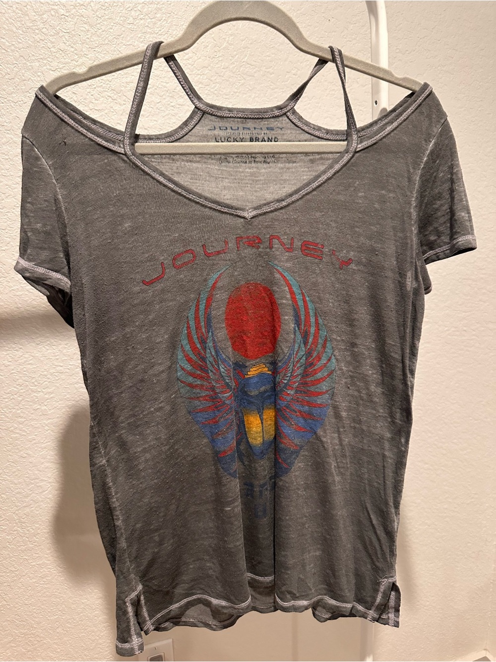 Lucky Brand Gray Graphic 'Journey' Short Sleeve Tee with Red & Blue Accents